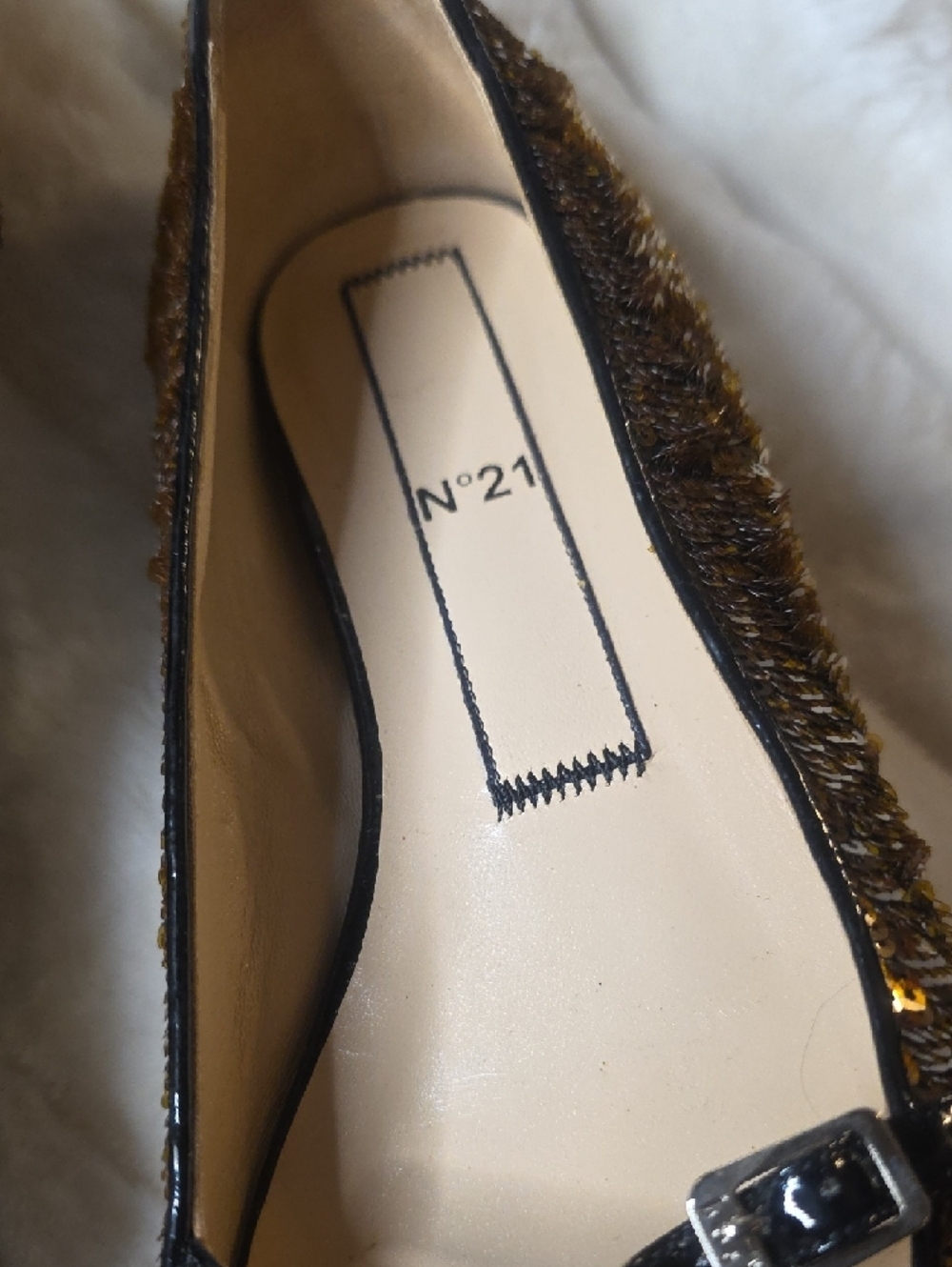 Women's Brown Sequin Pointed Flats with Buckle Strap - Picture 4 of 9